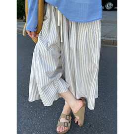 S-6XL小个子设计感灰蓝竖条纹宽松休闲裤女夏季遮胯显瘦百搭裤BF