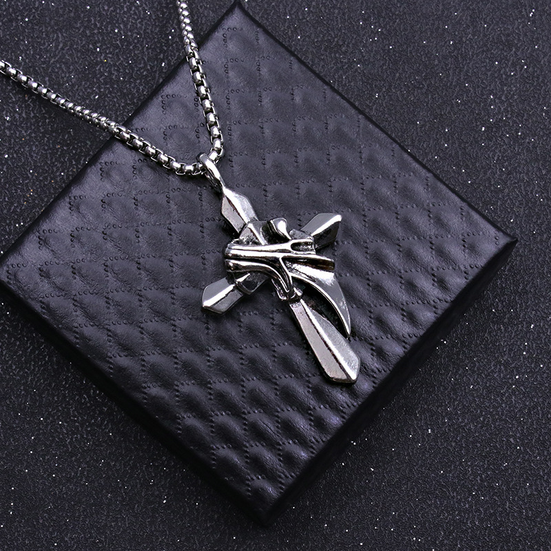 Collana con ali di piume e croce in titanio e perle, catena in acciaio inossidabile, semplificata, tridimensionale, solida_voghion.com