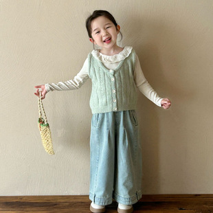 Spring 2025 New Children's Wear Korean Style Children's Wear Girls Mint Green Wool Knitted Vest Children's Vest