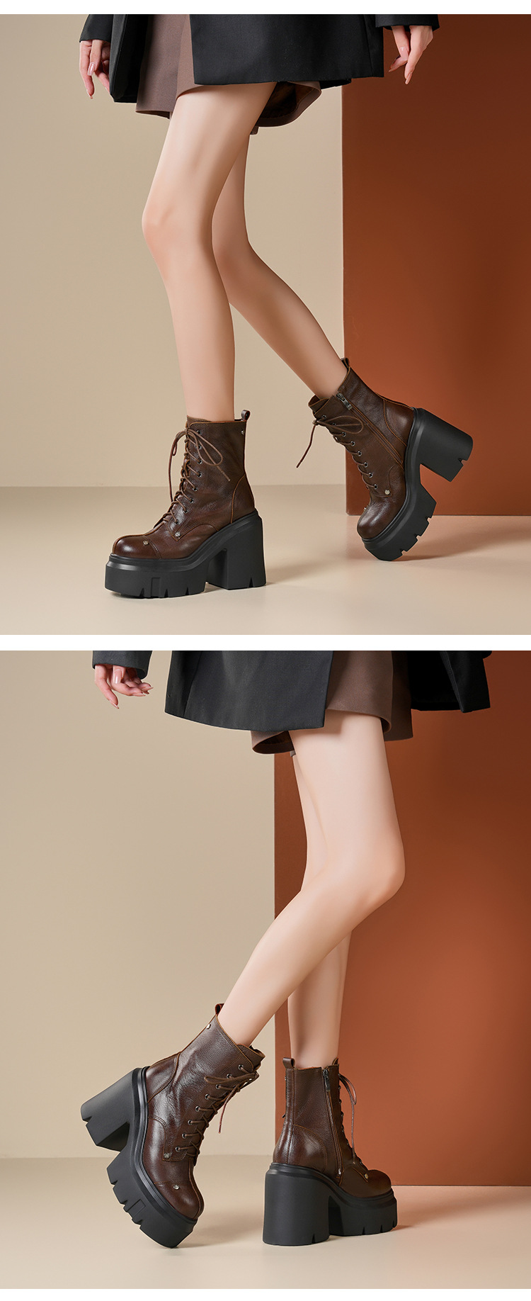 Boot nữ da mềm mũi tròn gót thô đế dày dây buộc — Lót nhung đen chi tiết 7