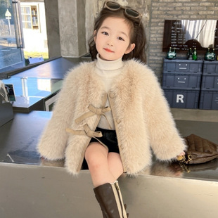 2024 New Baby Girl's Coat Imitation Leather Fur Sweater Children's Bow Western Style Plush Top Autumn and Winter Wear