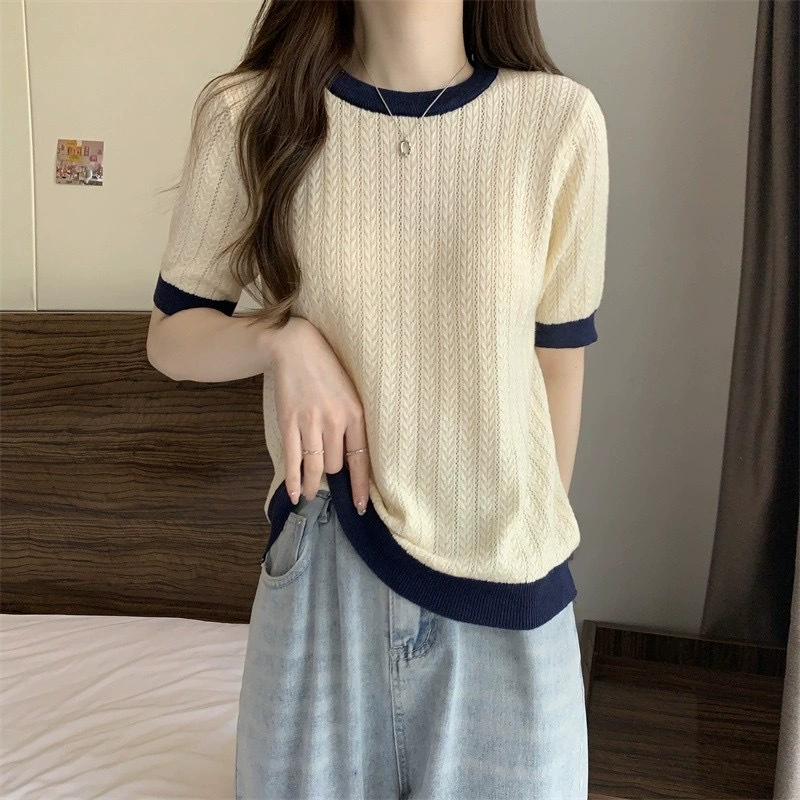 Рубашка с короткими рукавами, ажурная тонкая трикотажная футболка в стиле ретро для женщин, летняя новая нижняя рубашка в западном стиле, контрастный цвет, круглый вырез, твист