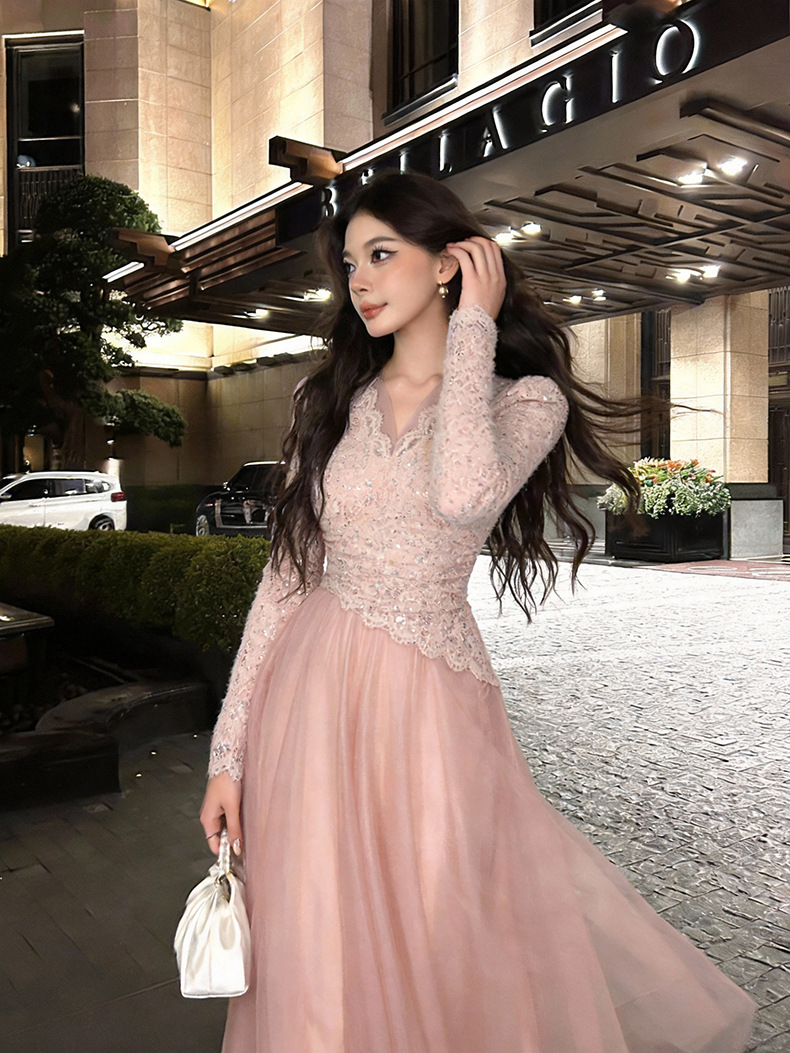 Đầm maxi nữ cổ V ren thắt eo xòe lưới phong cách Pháp — màu hồng chi tiết 8