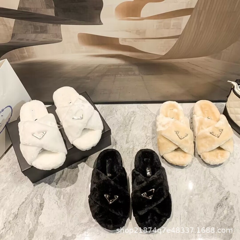 Korean Style Trendy New Furry Thick-Soled Slippers with Triangular Logo, Cross-Strap Flat Plush Slippers, Lazy Lamb Wool Comfortable Slippers