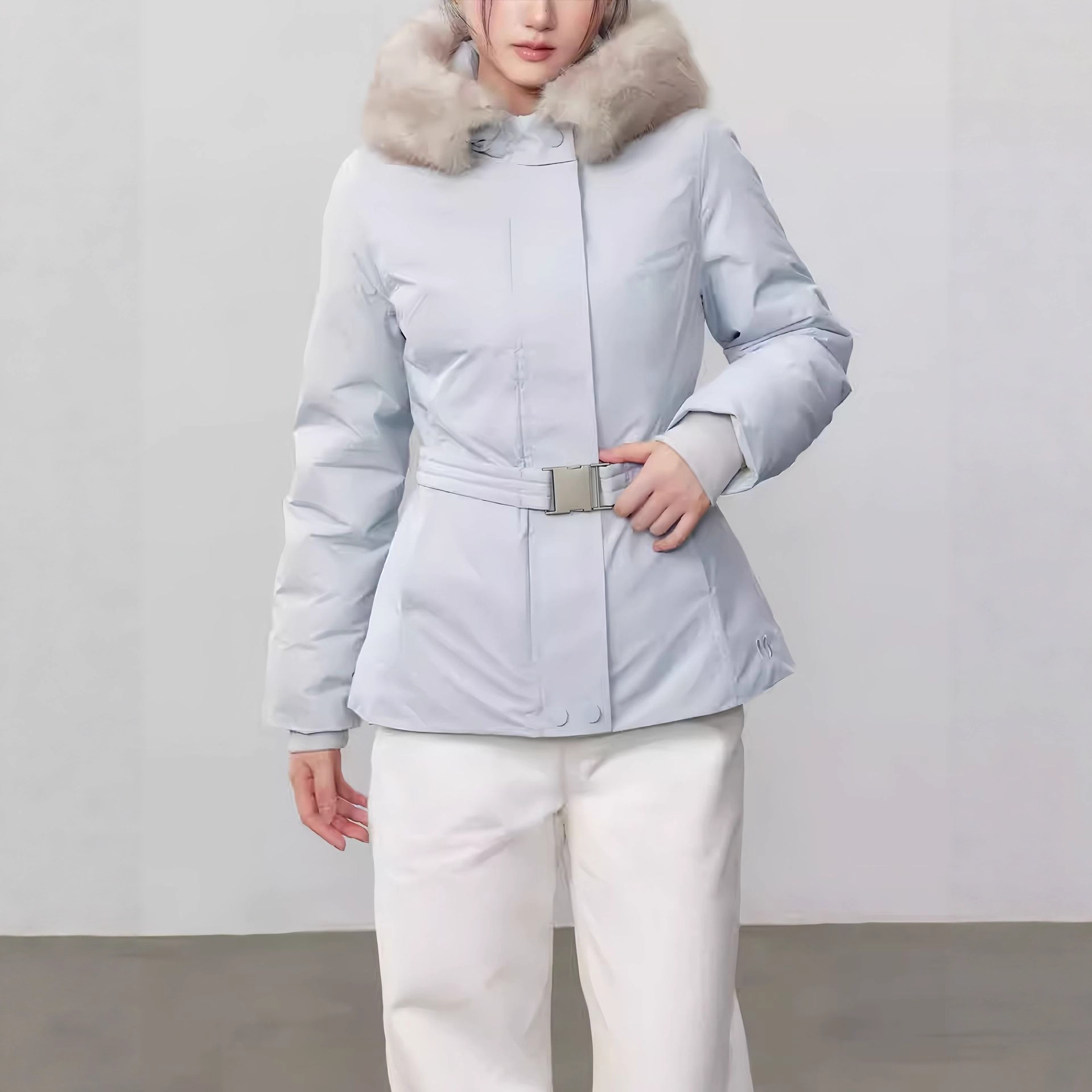 50白鸭绒浅蓝色羽绒服腰带收腰显瘦加厚保暖滑雪服外套