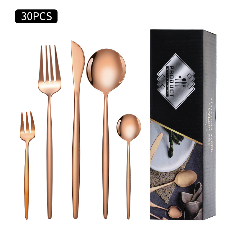 Cruz-Frontera de acero inoxidable vajilla portugués cuchillo y tenedor conjunto de 30 piezas de comida occidental cuchillo de filete de oro y cuchara de la caja de regalo