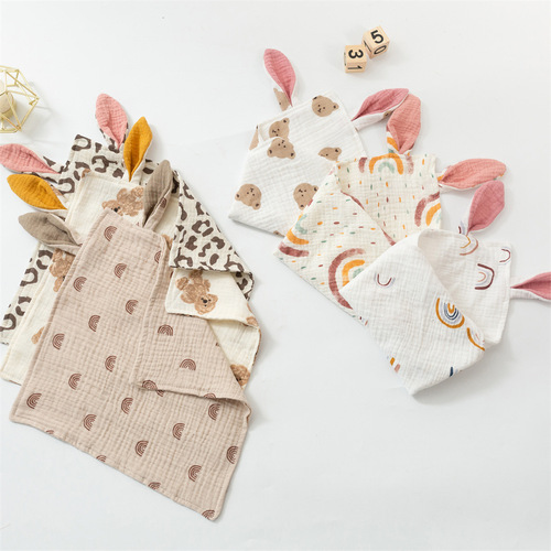Newborn Baby Rabbit Ear Soothing Towel Cotton Gauze Baby Sleep Blanket Pure Cotton Printed Double-layer Drool Cloth Square Towel
