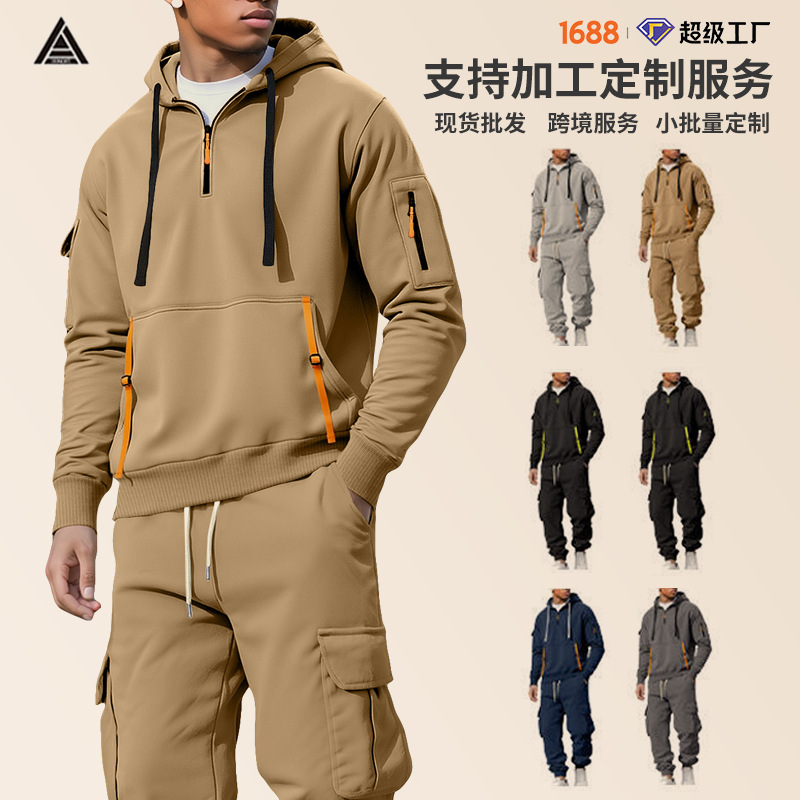 Nuevo otoño y invierno transfronterizos para hombres con camisetas de camisa de moda con capuzas con cremallera multi-bolsillo Cahat conjunto de pantalones de trabajo