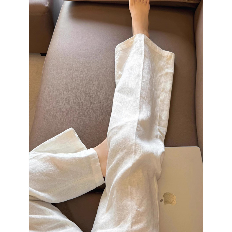 올드 Qian 스타일 화이트 바지 여성 여름 스트레이트 캐주얼 바지 우아한 간단한 처짐 슬리밍 작은 올 매치 와이드 레그 바지