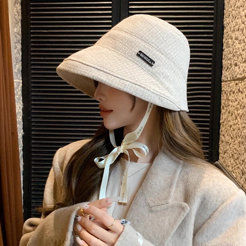 秋冬季简约小香风格纹渔夫帽子女2025新款时尚百搭卷边显脸小盆帽|undefined