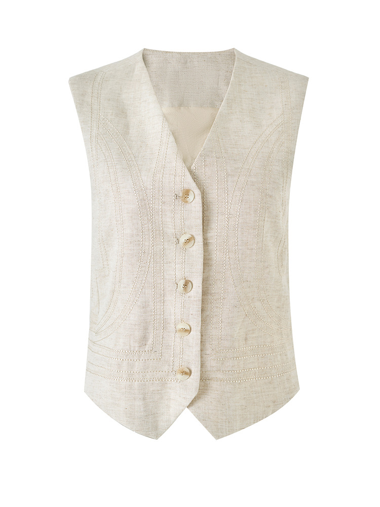 Áo khoác gile không tay cổ chữ V phối lớp phong cách cổ điển chất liệu vải lanh pha sợi Tencel — Màu cà phê