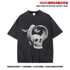アメリカンレトロプリントダメージ加工半袖Tシャツ、ティーンエイジャー向け、ゆったりと多用途、オフショルダー、男性と女性のヒップホップ半袖ボトムシャツ
