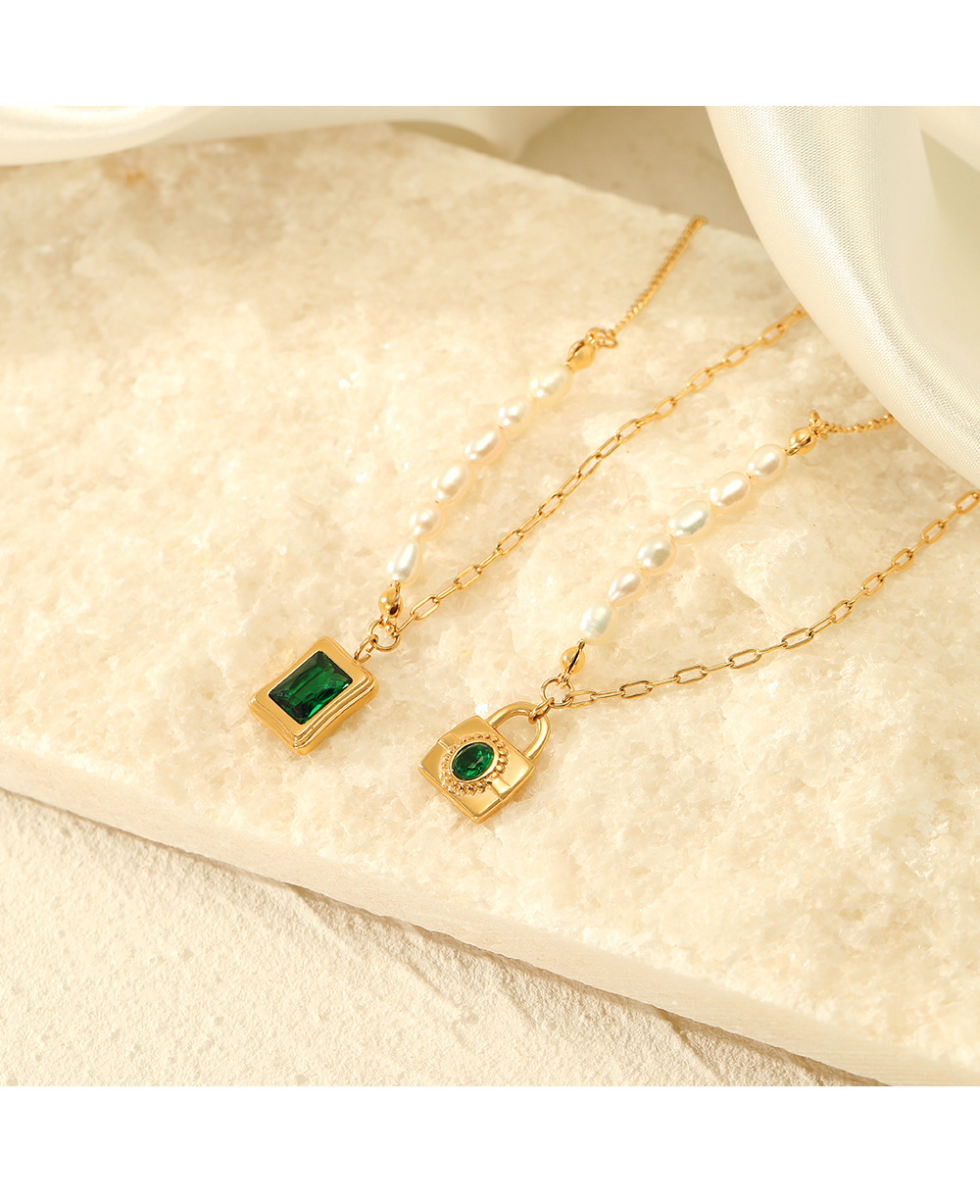 Elegant Square Lock Stainless Steel Plating Pearl Pendant Necklace