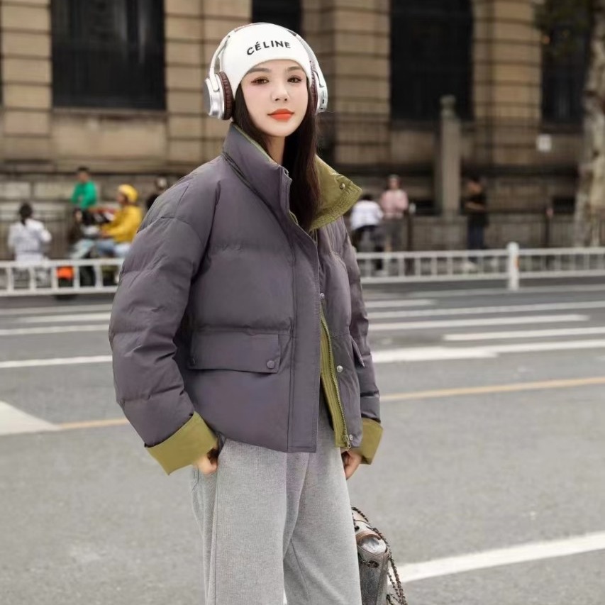 2025冬季新款韩版立领加厚羽绒服女短款撞色拼接洋气白鸭绒外套潮