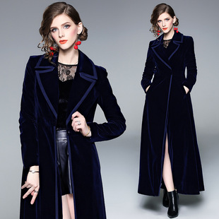 European and American real shot in stock velvet trench coat blue long skirt coat