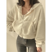 小个子外套纯色减龄羊羔毛绒面连帽袋鼠兜拉链短款卫衣女秋冬显瘦