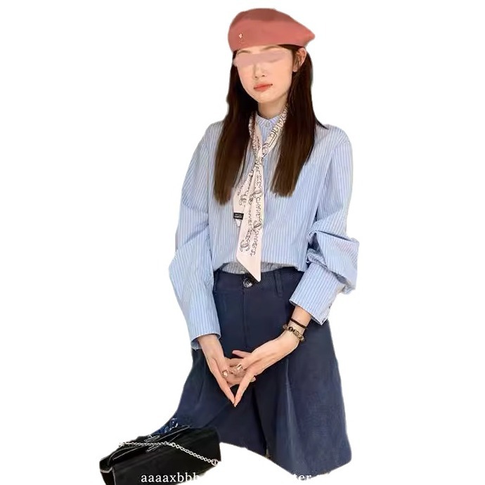 AAAAXBB 실버 로마 2 색 줄무늬 셔츠 긴팔 탑 작은 칼라 느슨한 올 매치 초가을 탑