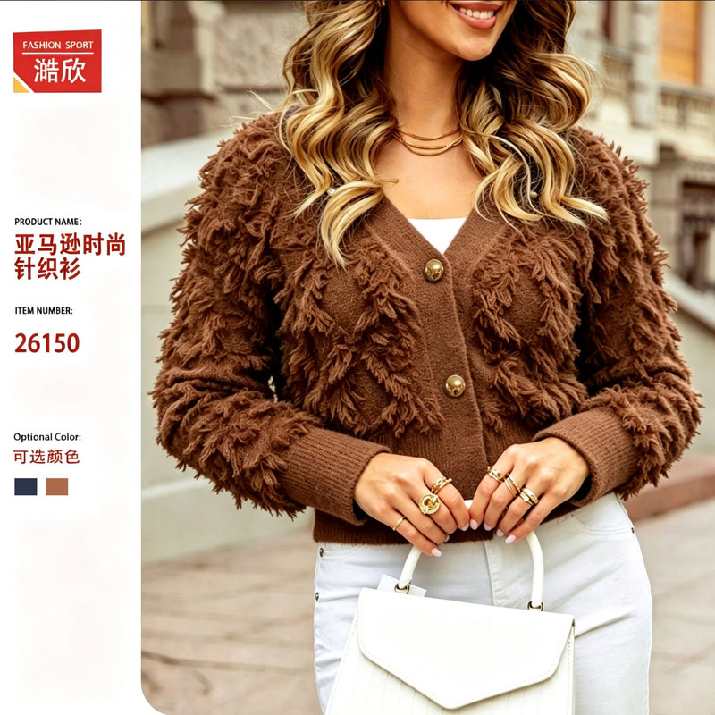Amazon Plush Tassel Short Knitted Cardigan V-Neck Single-Breasted Long Sleeve Textured Sweater Coat for Autumn and Winter Amazon Plush Tassel Short Knitted Cardigan V-Neck Single-Breasted Long Sleeve Textured Sweater Coat for Autumn and Winter