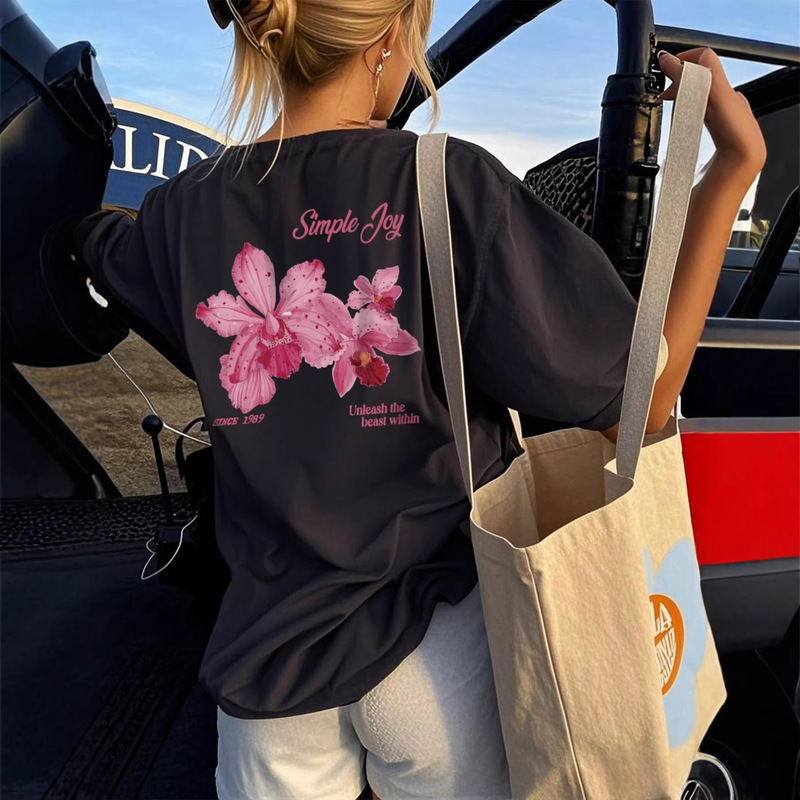 Cross-Border New American-Style Simple Joy Pink Floral Print Short-Sleeved T-Shirt, Loose and Lazy Style Round Neck Top