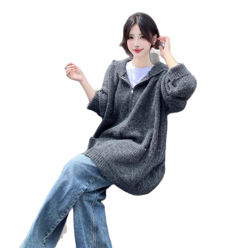 慵懒风翻领拉链双口袋中长款针织开衫秋季宽松显瘦休闲毛衣外套女|undefined