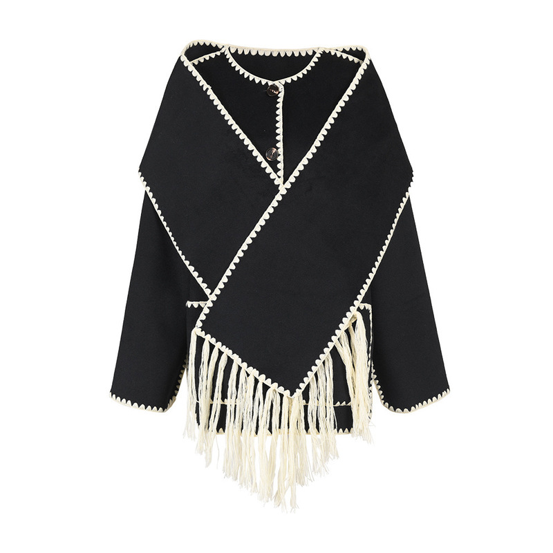 Korean style women's wool coat Autumn New knitted tassel Cape style variegated single-breasted mini skirt street style Korean style women's wool coat Autumn New knitted tassel Cape style variegated single-breasted mini skirt street style