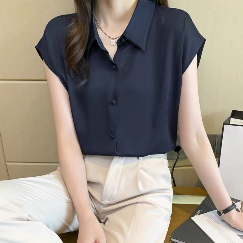 ニッチなデザインの女性用シャツ 2025 夏の新しい気質スリムシフォン半袖トッププロフェッショナルシャツ薄手|undefined