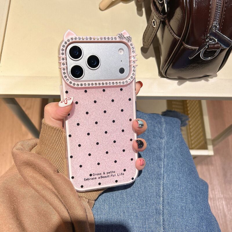 Korean-Style Glitter Polka Dot Phone Case Suitable for iPhone 18 Pro Max, Diamond-Encrusted Apple 18 Pro Cat Ear Case for 17/15 Korean-Style Glitter Polka Dot Phone Case Suitable for iPhone 18 Pro Max, Diamond-Encrusted Apple 18 Pro Cat Ear Case for 17/15