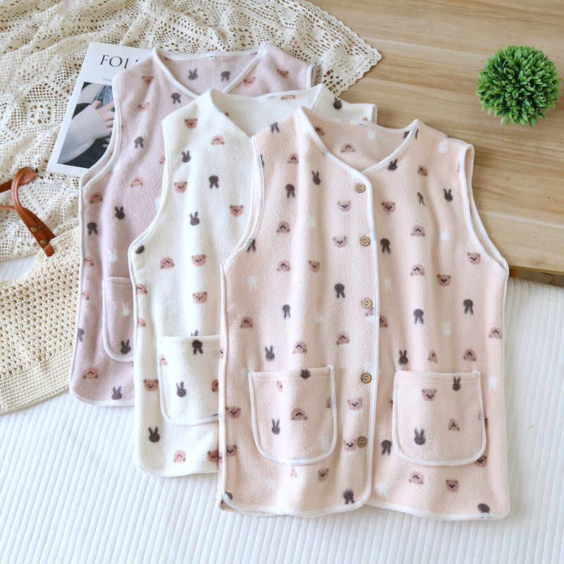 Autumn and Winter Pajamas Women's Tops Thickeneded Coral Velvet Flannel Warm Polar Fleece Home Clothes Single Piece Large Size Vest