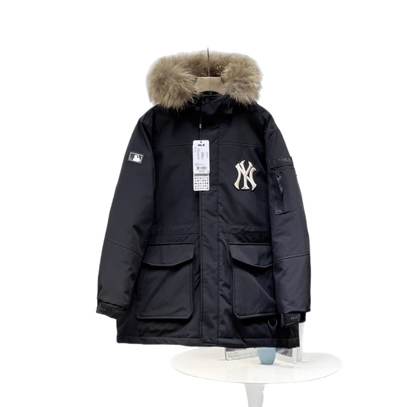 高版本MLB男女百搭连帽羽绒服大毛领 情侣中长款加厚防水工装外套|undefined