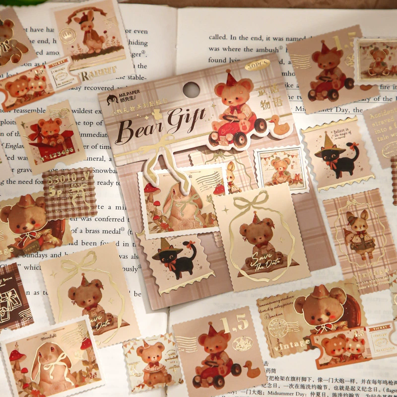 Пакет наклеек Mr. Paper Bear Gift Series Retro Cute Pet Stamp Material Handbook Gift Box Decorative Sealing Sticker