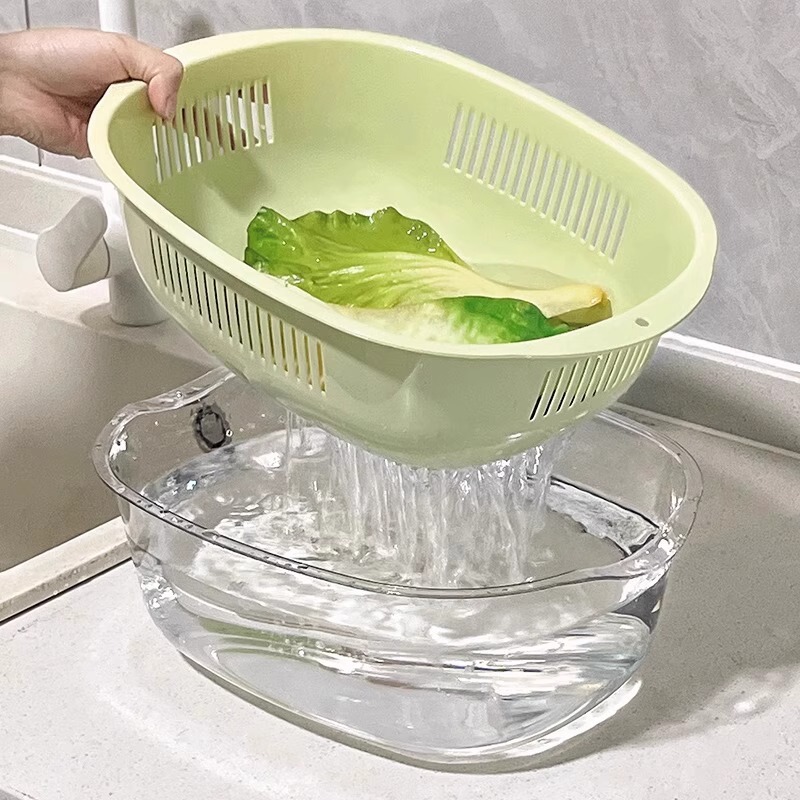 二層排水バスケット多機能新しい野菜洗いバスケット家庭用排水ボウル野菜洗いボウルキッチン果物洗い排水ボウル|undefined