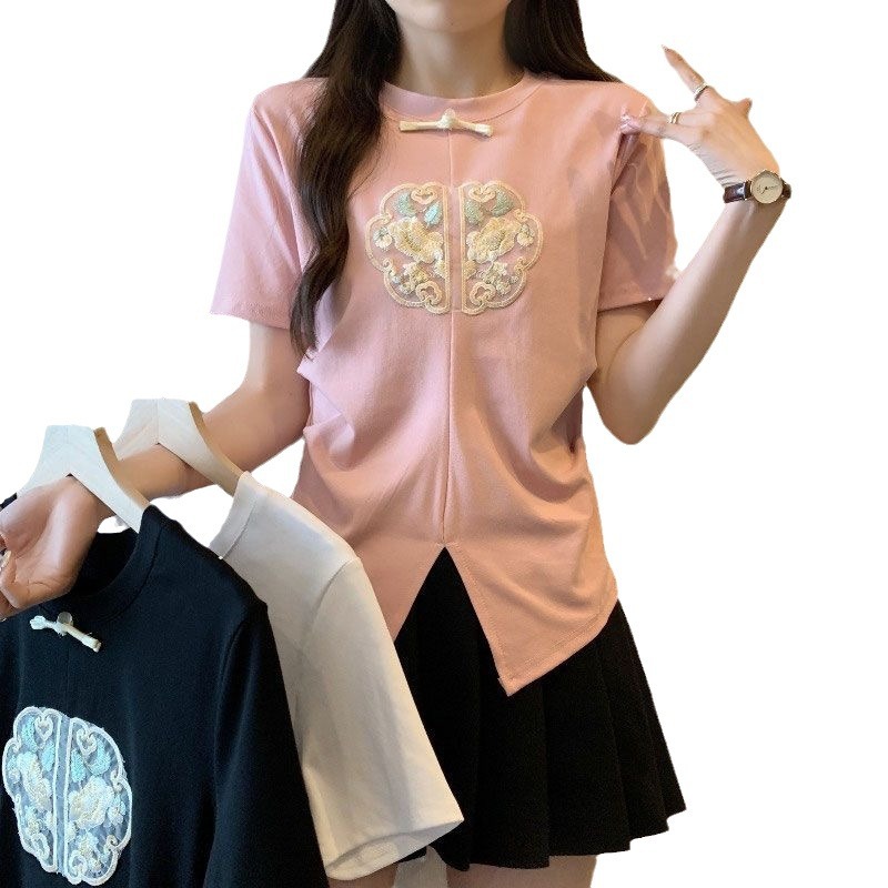 2024 Summer Embroidered Split Short Sleeve Design T-shirt New Chinese style High end Bottom Top_voghion.com