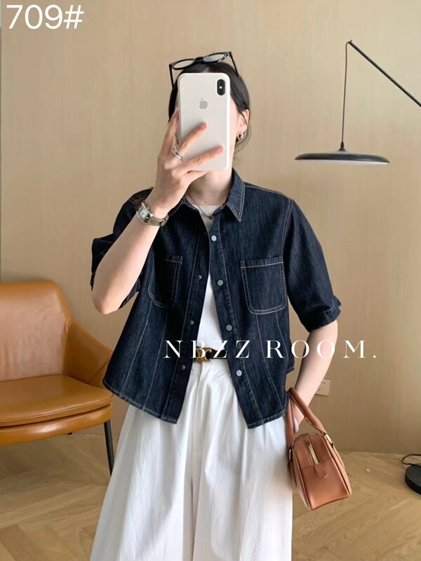 2025 Summer New Vintage Artistic Elegant Small Shirt Loose Washed Denim Double Pocket Shirt Women's Short Sleeve