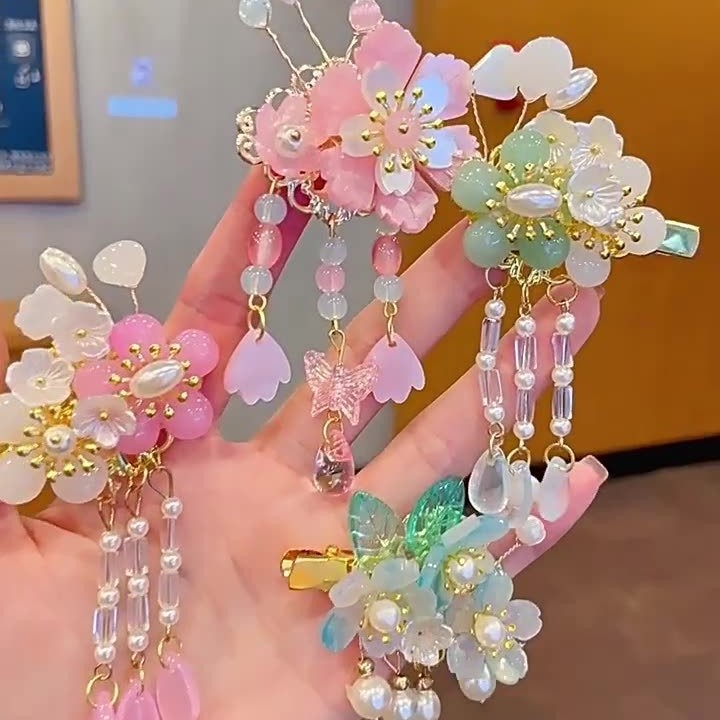 Children's Antique Hairpin New Hanfu Headwear Accessories Hairpin Cute Sweet Flower Pendant Hairpin Performance Headwear