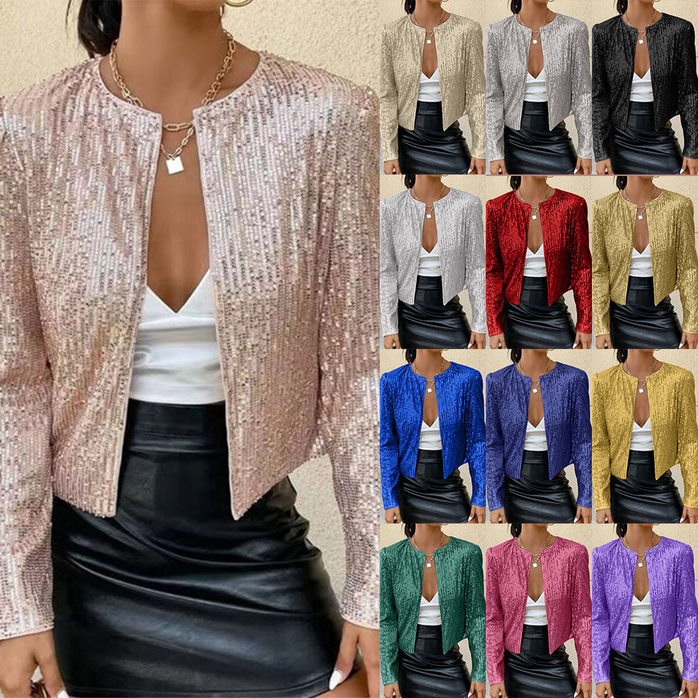 280g Weight Casual Jacket Outerwear Type Long Sleeve Sleeve Length Polyester Fabric Type Regular Top Length Coat Tops Type Holiday, Party Occasion Round Neck Neckline Slim Fit Type Solid Color Pattern Spring, Autumn Season Women's Gender Sequins Design Streetwear Style Women's Streetwear Solid Color Sequins Coat Casual Jacket 无