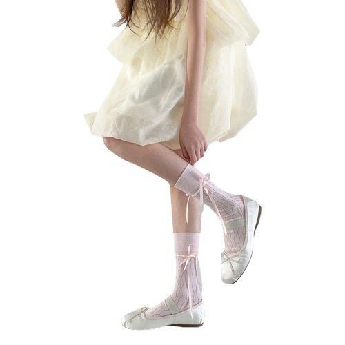 Thin French ribbon bow mid-calf socks pink hollow pile socks summer mesh breathable vertical striped socks for women