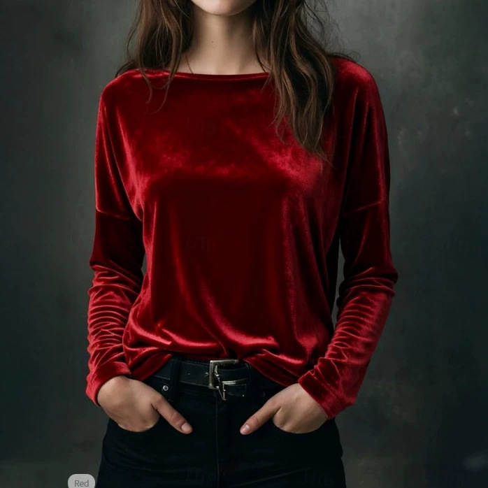2026 Cross-Border Autumn and Winter New Style High-End Velvet Top with Round Neck, Loose Fit, Light Luxury, Unique French-Style Knitwear, Versatile