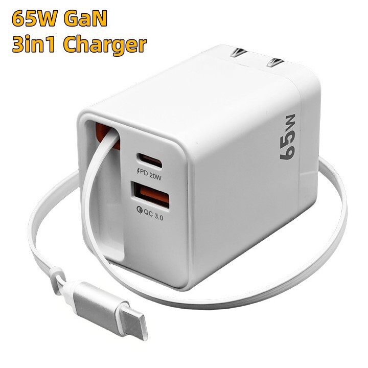 High Quality 65W Wall Charger Pd USB C Dual Port with Retractable Data Cable Gan Charging Head