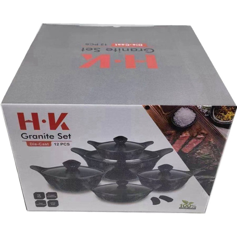 12 unids conjunto de utensilios de cocina HK 12 piezas olla cuadrada en forma de lingote maifan no palo de piedra conjunto olla de fundición de aluminio