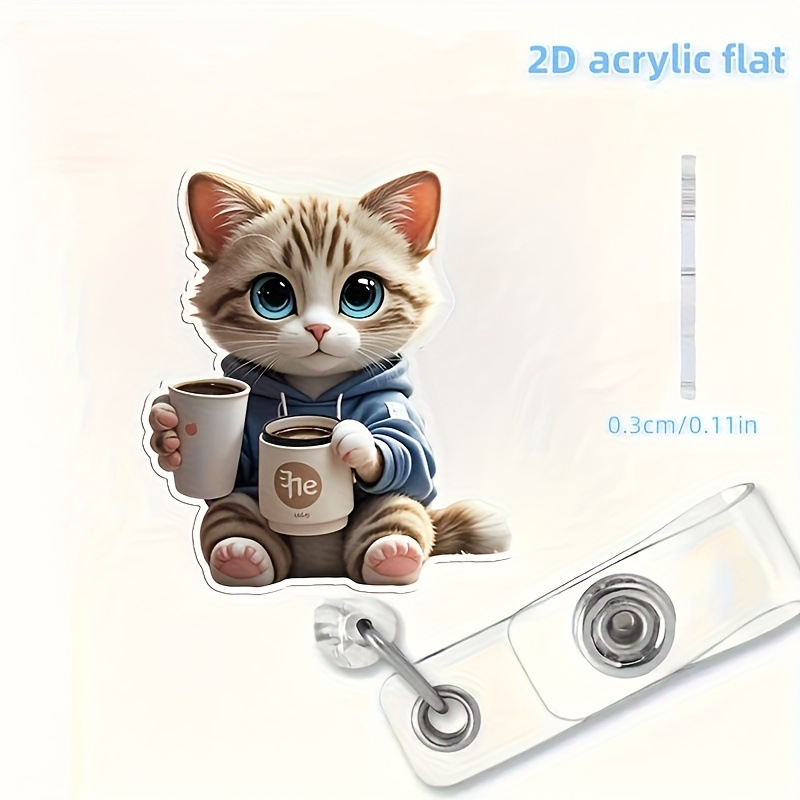 Clip de insignia de gatito de café creativo de acrílico transfronterizo, clip de identificación, hebilla retráctil y fácil de tirar