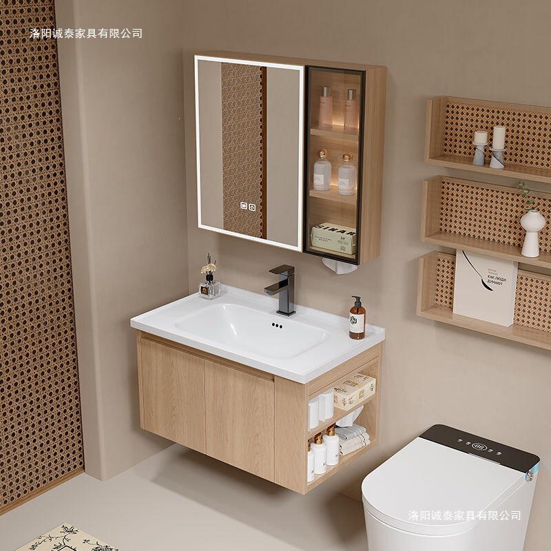 Natural Wood Color Honeycomb Aluminum Bathroom Cabinet with Side Storage Cabinet, Integrated Ceramic Basin, Countertop Integrated Washbasin