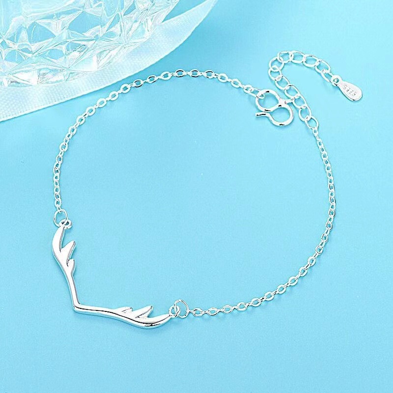 Trendy White s925 Silver Antler Bracelet for Women Korean Style Fresh Style Student Simple Silver Plated Cross Chain Bracelet Internet Popular Hand