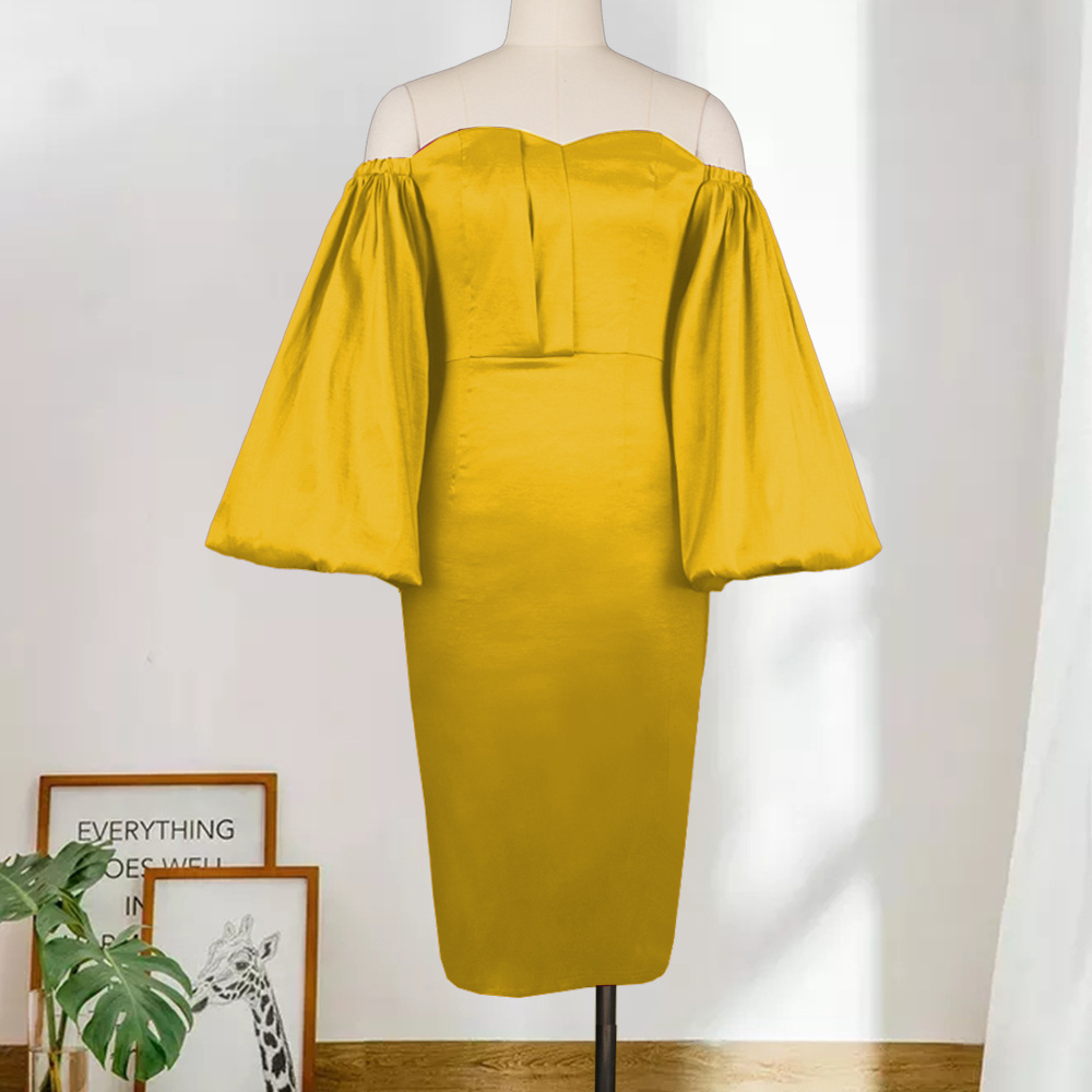 "Sexy Off-Shoulder Tube Top Dress With Lantern Sleeves - High Waist Bodycon Party Dress In Yellow & Violet (S-XXXL) | Stretchy & Flattering Fit"_voghion.com