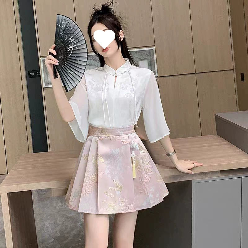 2025 новый костюм юбка с конским лицом короткая взрослая женщина Ming Tang костюм китайский стиль темперамент плиссированная юбка техник