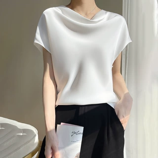 法式波浪自由领缎面T恤女短款气质上衣简约百搭短袖大码体恤衫