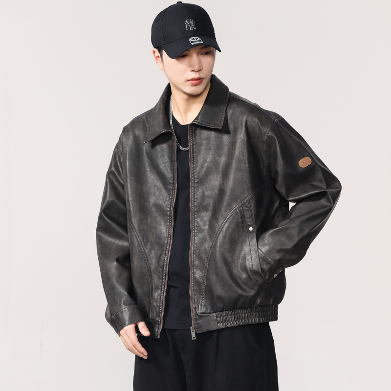 American Classy Retro Leather Jacket for Men in Spring and Autum 2025 Loose Trendy Brand Tough Guy Motorcycle Jacket Work Jacket for Men