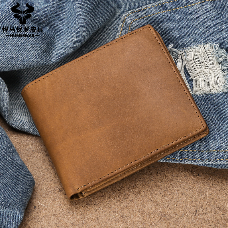 定制厂家疯马皮跨境证件包RFID头层牛皮零钱包男短款真皮男士钱包