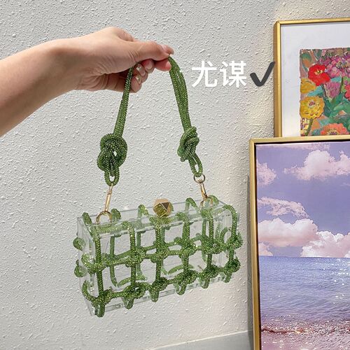 Sparkling Diamond Transparent Acrylic Box Banquet Rhinestone Hand-woven Rope Small Square Armpit Clutch
