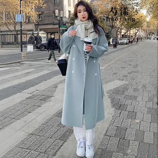 Blue Double-Sided Velvet Outwear for Women 2024 New Autumn and Winter Korean Style Loose Mid-Length Over-The-Knee Woolen Outwear Spandex