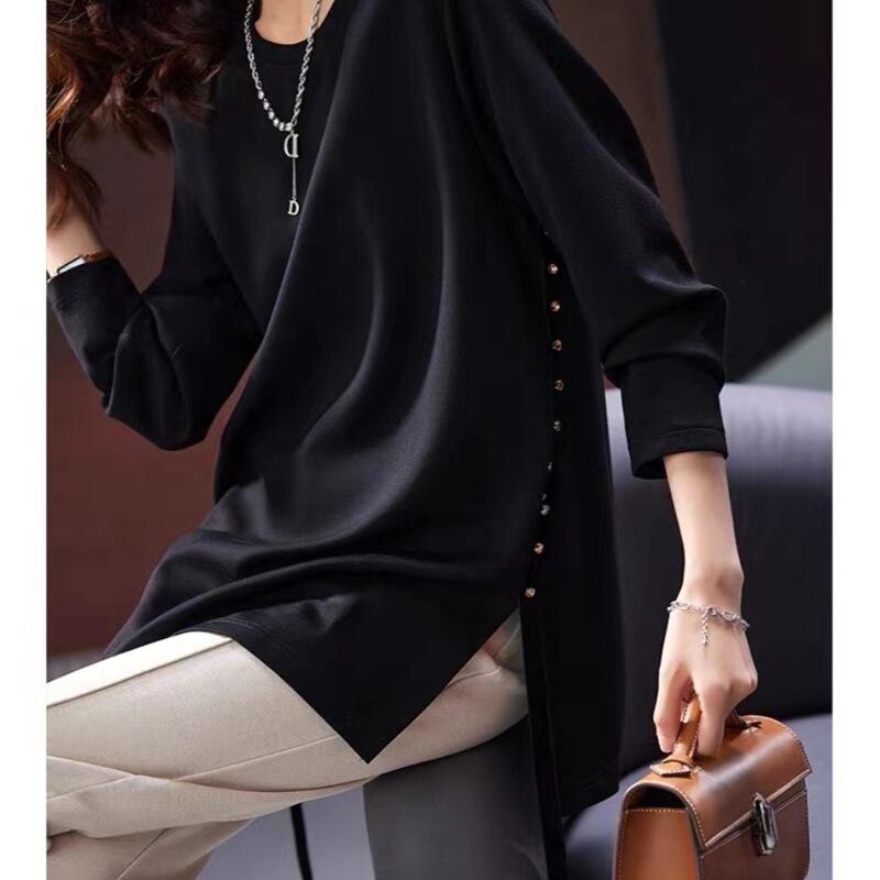 Sumu Large Size Black Studded T-Shirt for Women 2025 Autum New Round Neck Top European Fashion Casual Women's Clothing